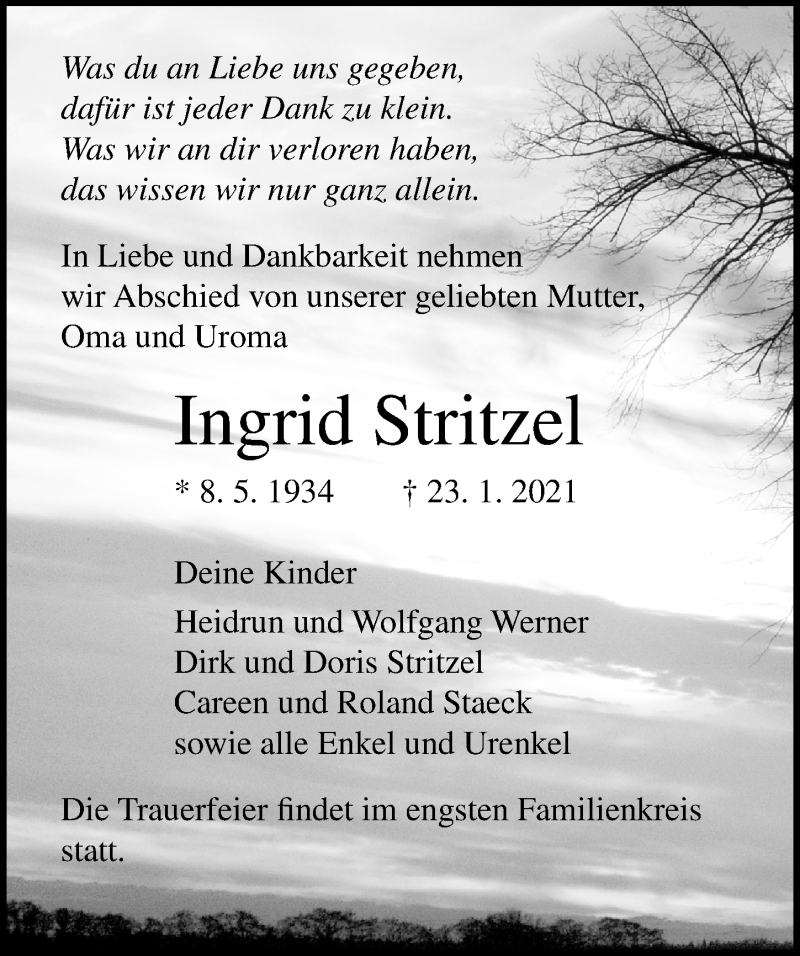  Traueranzeige für Ingrid Stritzel vom 27.01.2021 aus Ostsee-Zeitung GmbH