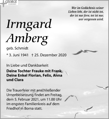 Traueranzeige von Irmgard Amberg von Leipziger Volkszeitung