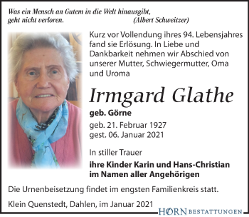 Traueranzeige von Irmgard Glathe von Leipziger Volkszeitung