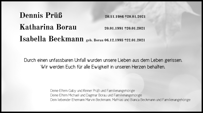  Traueranzeige für Isabella Beckmann vom 26.01.2021 aus Kieler Nachrichten