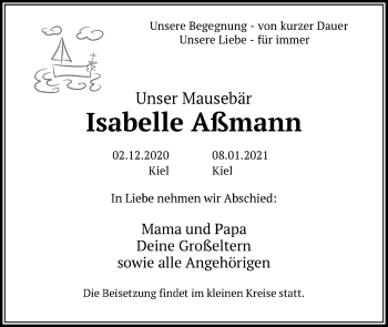 Traueranzeige von Isabelle Aßmann von Kieler Nachrichten