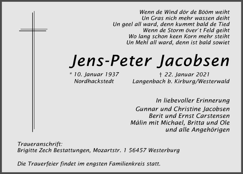  Traueranzeige für JJens-Peter Jacobsen vom 30.01.2021 aus Kieler Nachrichten