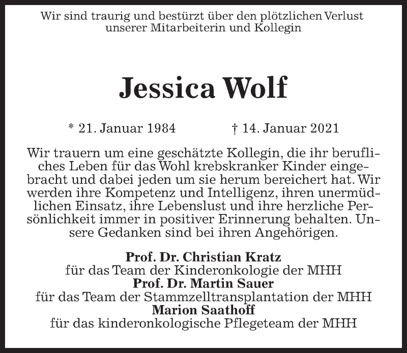  Traueranzeige für Jessica Wolf vom 23.01.2021 aus Hannoversche Allgemeine Zeitung/Neue Presse