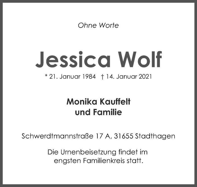  Traueranzeige für Jessica Wolf vom 23.01.2021 aus Schaumburger Nachrichten