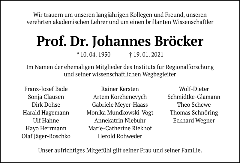  Traueranzeige für Johannes Bröcker vom 23.01.2021 aus Kieler Nachrichten