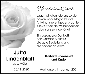 Traueranzeige von Jutta Lindenblatt von Aller Zeitung