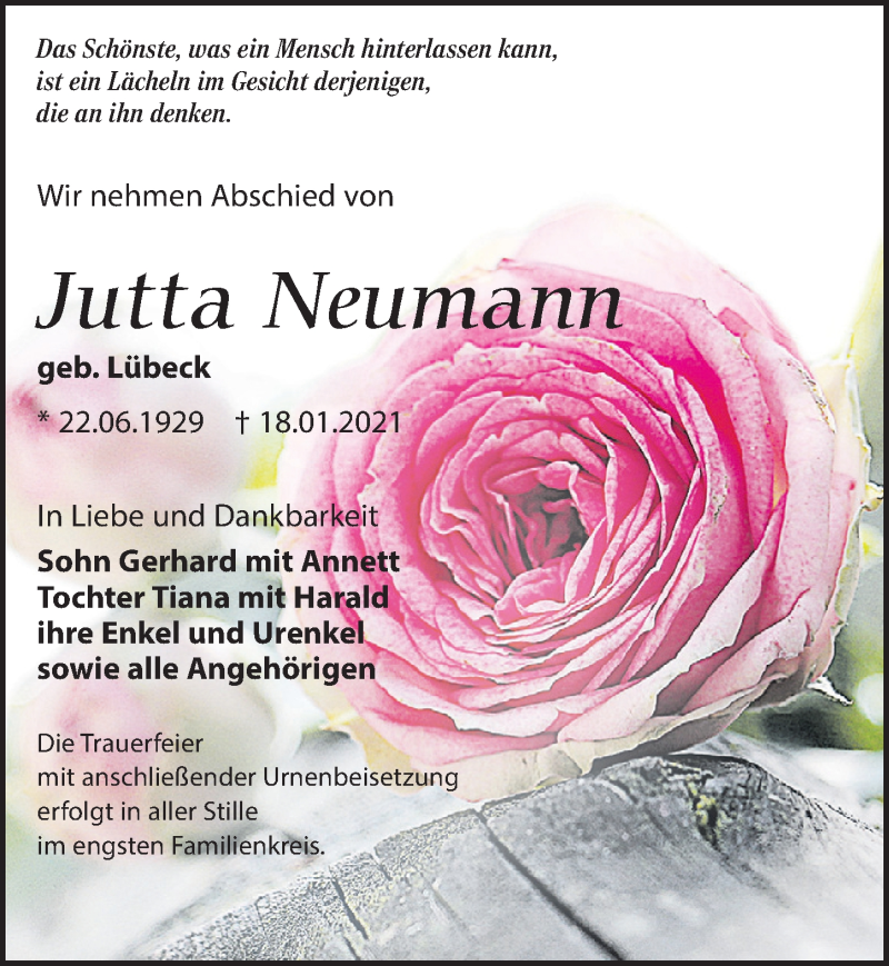  Traueranzeige für Jutta Neumann vom 30.01.2021 aus Leipziger Volkszeitung