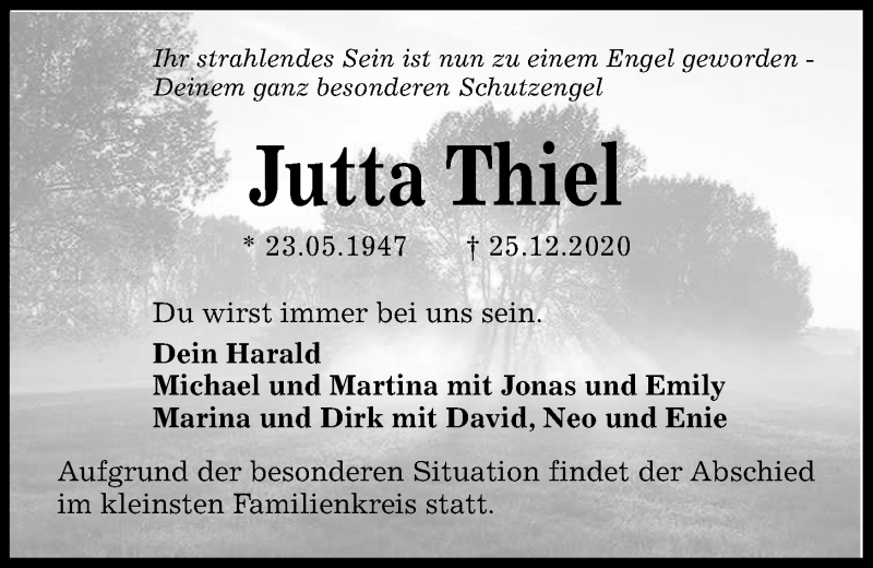  Traueranzeige für Jutta Thiel vom 02.01.2021 aus Kieler Nachrichten