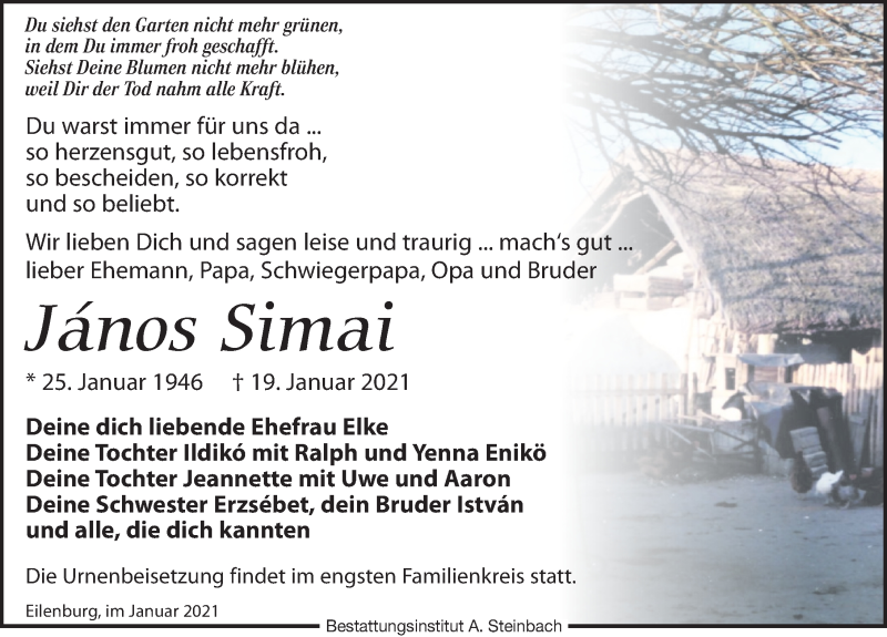  Traueranzeige für János Simai vom 30.01.2021 aus Leipziger Volkszeitung