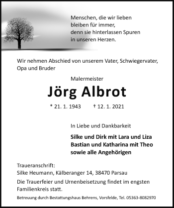 Traueranzeige von Jörg Albrot von Aller Zeitung