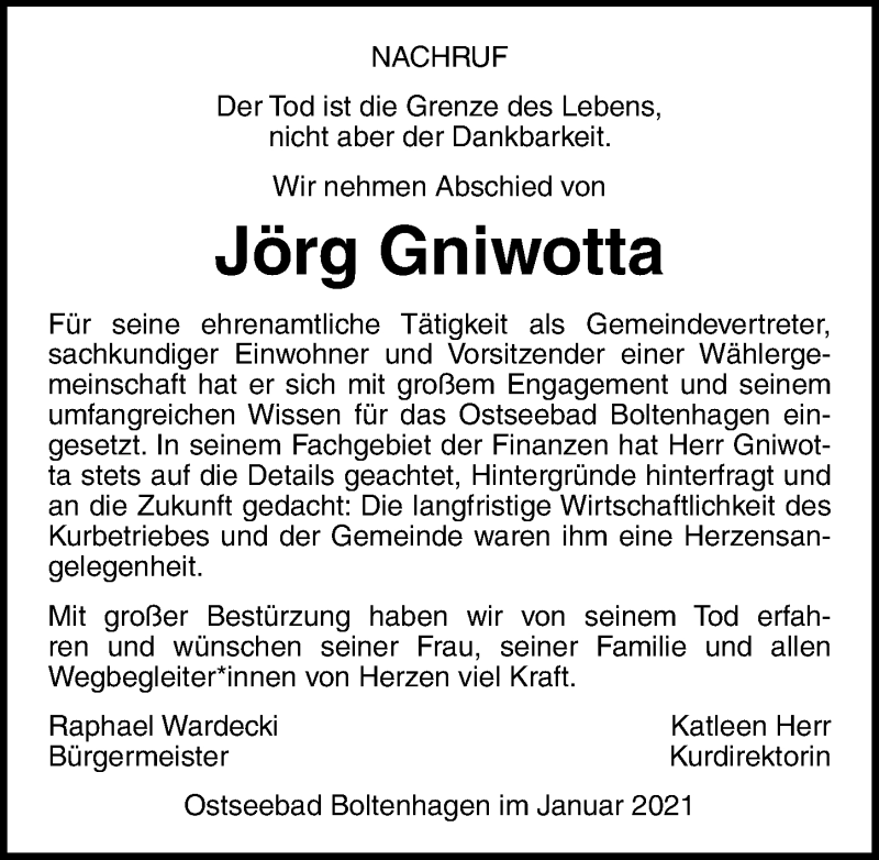  Traueranzeige für Jörg Gniwotta vom 23.01.2021 aus Ostsee-Zeitung GmbH