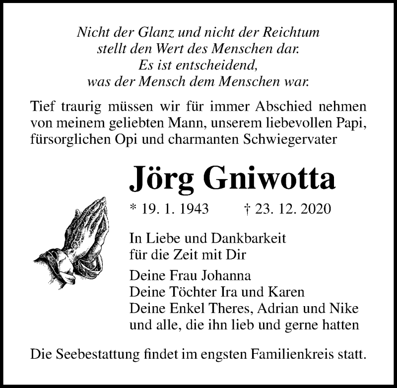  Traueranzeige für Jörg Gniwotta vom 16.01.2021 aus Ostsee-Zeitung GmbH