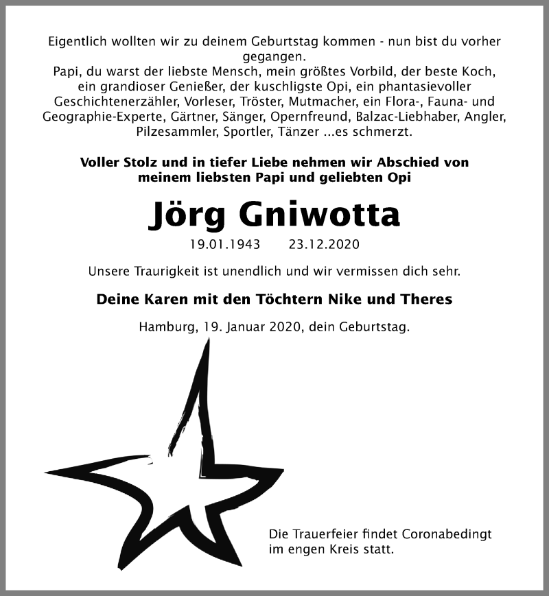 Traueranzeige für Jörg Gniwotta vom 20.01.2021 aus Ostsee-Zeitung GmbH