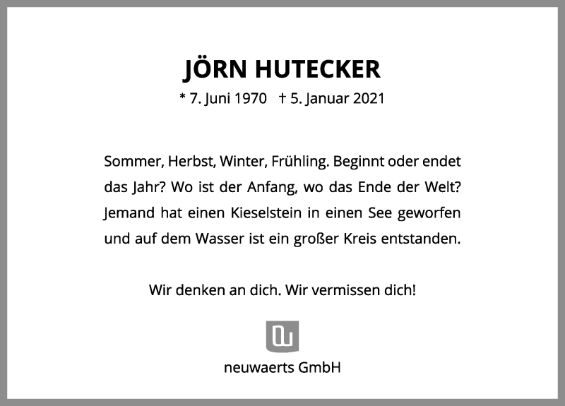  Traueranzeige für Jörn Hutecker vom 09.01.2021 aus Hannoversche Allgemeine Zeitung/Neue Presse