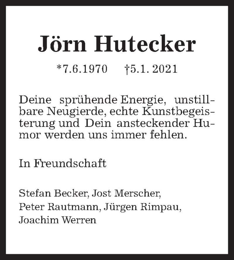  Traueranzeige für Jörn Hutecker vom 12.01.2021 aus Hannoversche Allgemeine Zeitung/Neue Presse