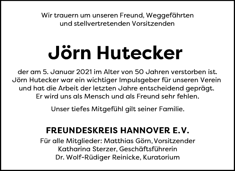  Traueranzeige für Jörn Hutecker vom 09.01.2021 aus Hannoversche Allgemeine Zeitung/Neue Presse