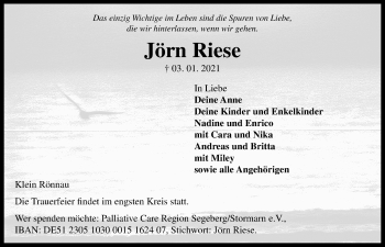 Traueranzeige von Jörn Riese von Kieler Nachrichten