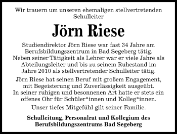 Traueranzeige von Jörn Riese von Kieler Nachrichten