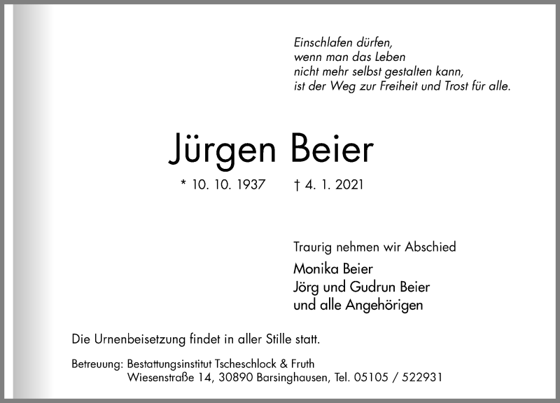  Traueranzeige für Jürgen Beier vom 09.01.2021 aus Hannoversche Allgemeine Zeitung/Neue Presse