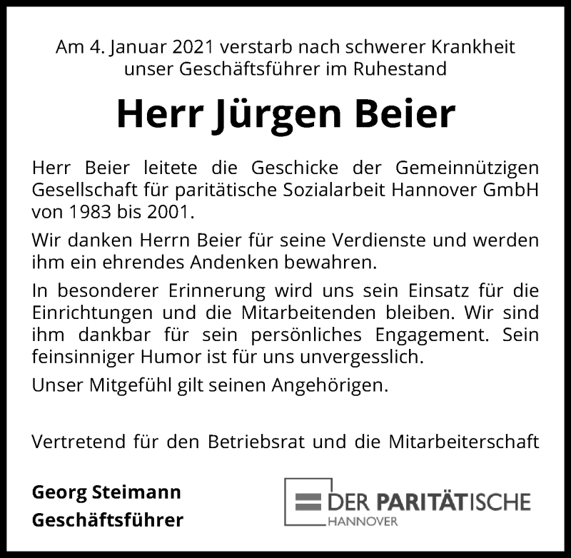  Traueranzeige für Jürgen Beier vom 09.01.2021 aus Hannoversche Allgemeine Zeitung/Neue Presse