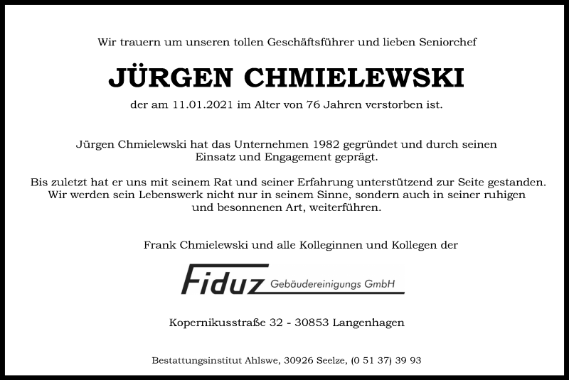  Traueranzeige für Jürgen Chmielewski vom 16.01.2021 aus Hannoversche Allgemeine Zeitung/Neue Presse