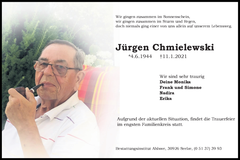  Traueranzeige für Jürgen Chmielewski vom 16.01.2021 aus Hannoversche Allgemeine Zeitung/Neue Presse