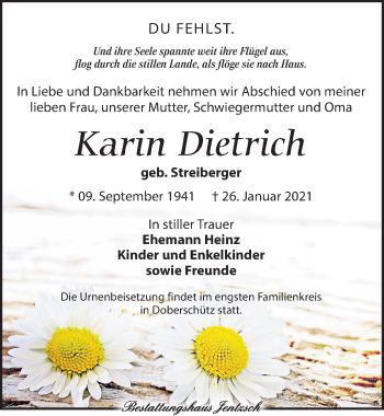 Traueranzeige von Karin Dietrich von Leipziger Volkszeitung