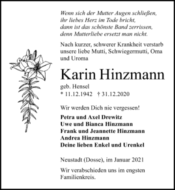 Traueranzeige von Karin Hinzmann