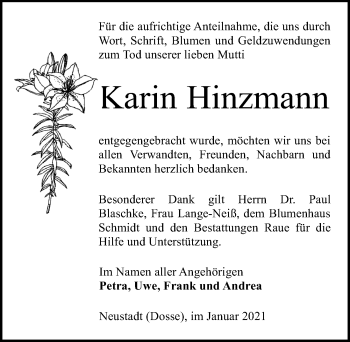 Traueranzeige von Karin Hinzmann