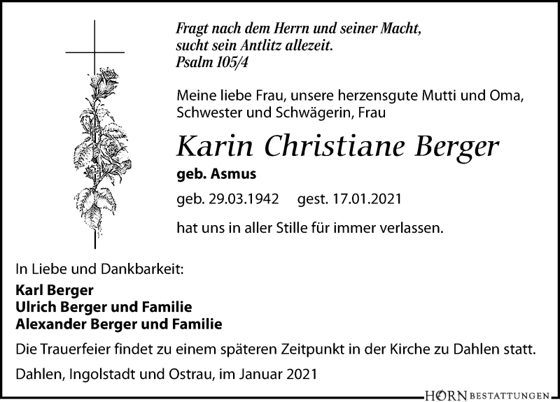  Traueranzeige für Karin Christiane Berger vom 23.01.2021 aus Leipziger Volkszeitung