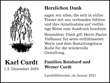 Traueranzeige von Karl Curdt von Göttinger Tageblatt