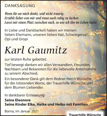 Traueranzeige von Karl Gaumitz von Leipziger Volkszeitung