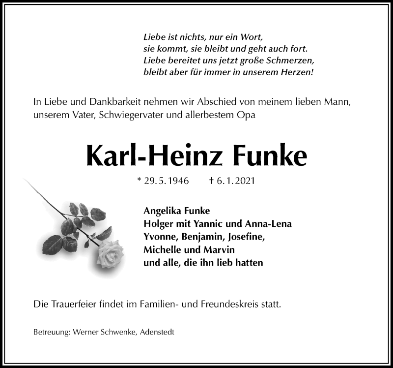  Traueranzeige für Karl-Heinz Funke vom 09.01.2021 aus Peiner Allgemeine Zeitung
