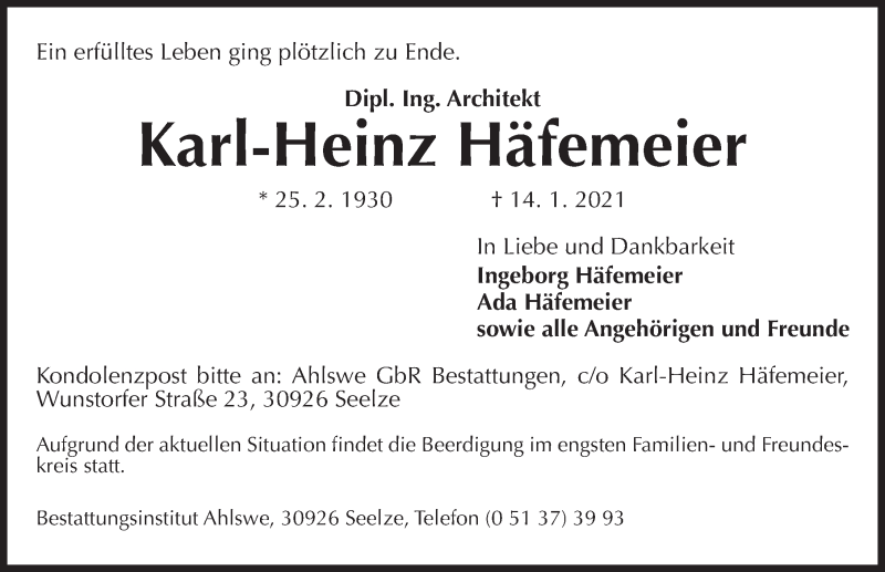  Traueranzeige für Karl-Heinz Häfemeier vom 20.01.2021 aus Hannoversche Allgemeine Zeitung/Neue Presse