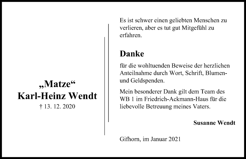  Traueranzeige für Karl-Heinz Wendt vom 09.01.2021 aus Aller Zeitung