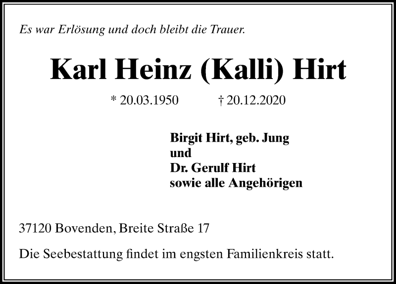  Traueranzeige für Karl Heinz Hirt vom 02.01.2021 aus Göttinger Tageblatt