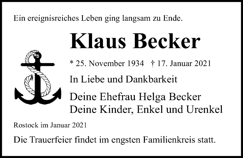  Traueranzeige für Klaus Becker vom 23.01.2021 aus Ostsee-Zeitung GmbH