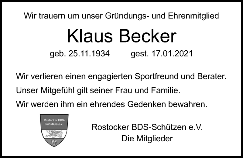  Traueranzeige für Klaus Becker vom 30.01.2021 aus Ostsee-Zeitung GmbH
