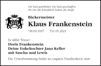 Traueranzeige von Klaus Frankenstein von Märkischen Allgemeine Zeitung