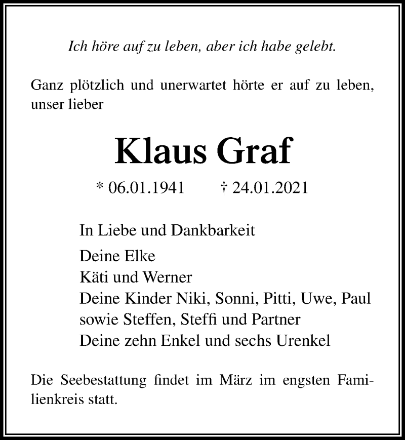  Traueranzeige für Klaus Graf vom 30.01.2021 aus Ostsee-Zeitung GmbH