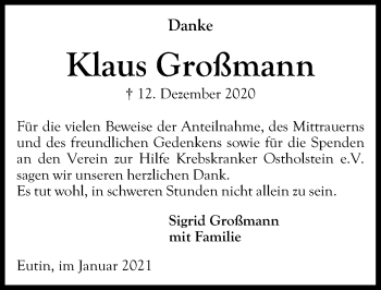 Traueranzeige von Klaus Großmann von Lübecker Nachrichten