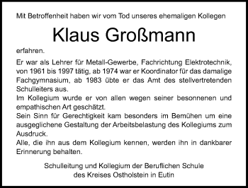 Traueranzeige von Klaus Großmann von Lübecker Nachrichten