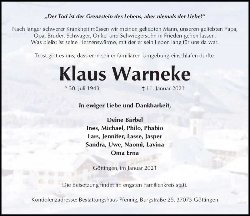  Traueranzeige für Klaus Warneke vom 16.01.2021 aus Göttinger Tageblatt