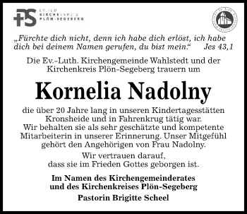 Traueranzeige von Kornelia Nadolny von Kieler Nachrichten