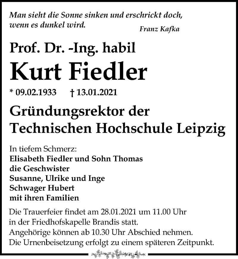  Traueranzeige für Kurt Fiedler vom 23.01.2021 aus Leipziger Volkszeitung