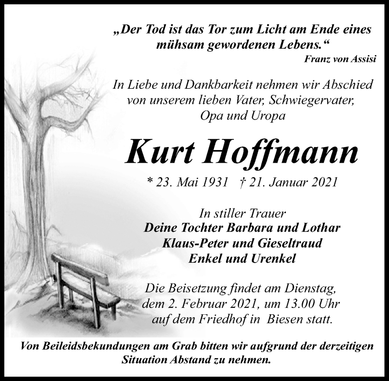  Traueranzeige für Kurt Hoffmann vom 26.01.2021 aus Märkischen Allgemeine Zeitung