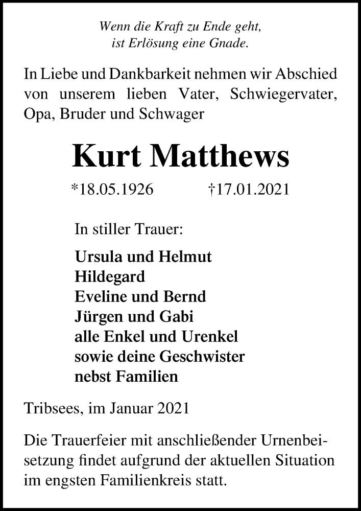 Traueranzeigen von Kurt Matthews traueranzeigen.de