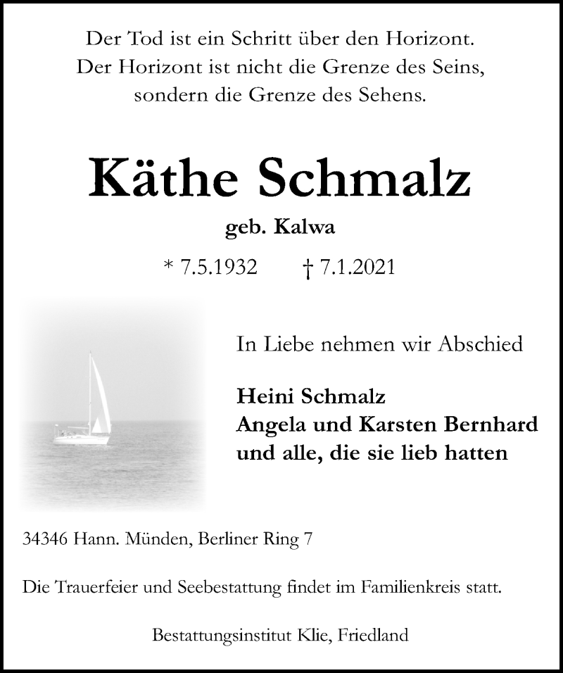  Traueranzeige für Käthe Schmalz vom 16.01.2021 aus Göttinger Tageblatt