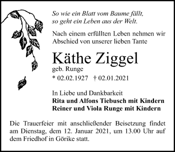 Traueranzeige von Käthe Ziggel von Märkischen Allgemeine Zeitung