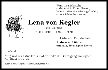 Traueranzeige von Lena von Kegler von Aller Zeitung